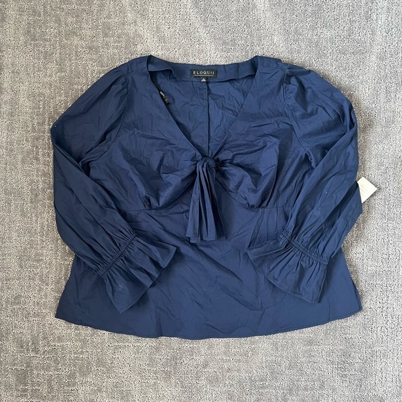 Eloquii Navy V-Neck Ruffle Long Sleeve Blouse - Picture 1 of 5